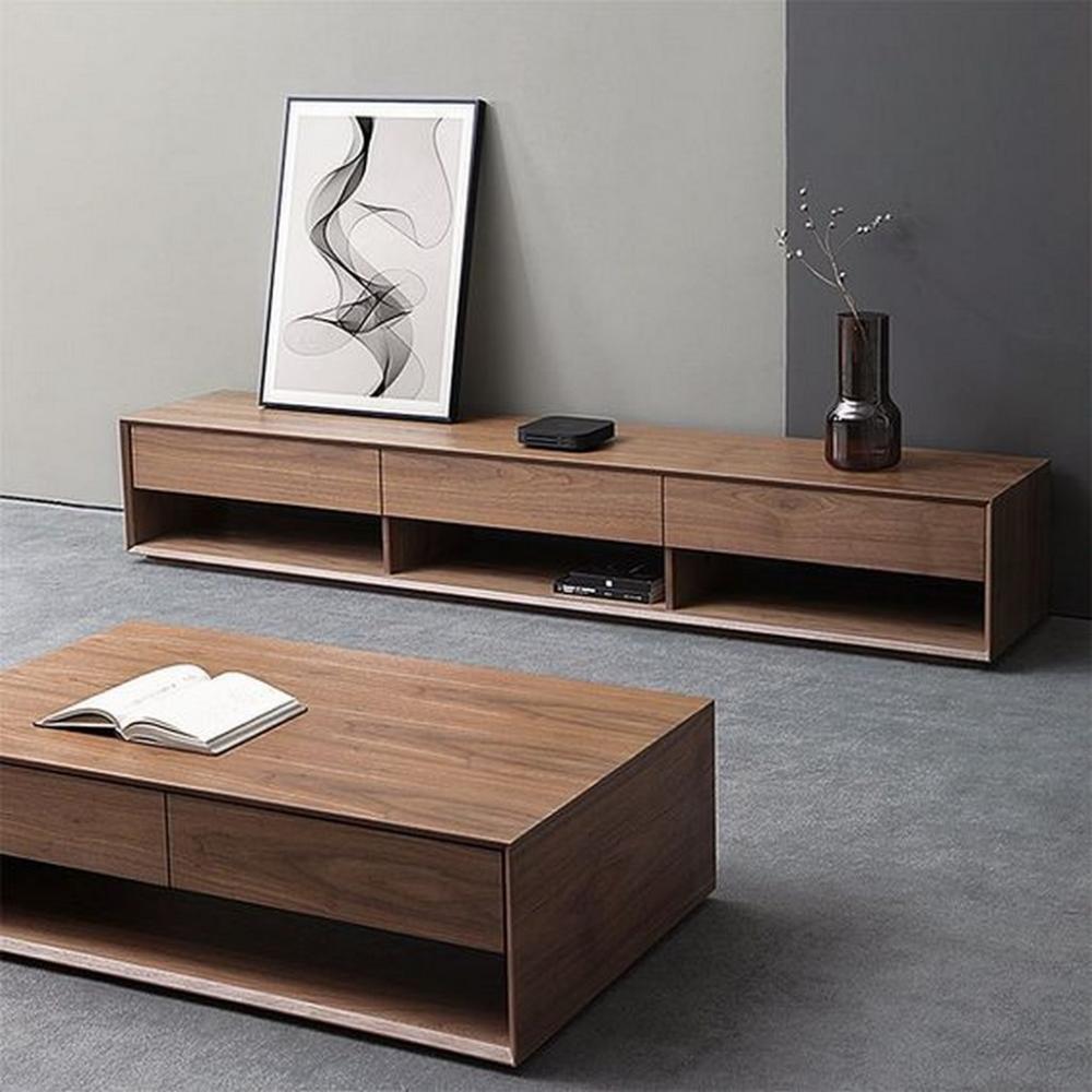 طاولة تلفاز و طاولة قهوة ام دي اف قطعتين - بني