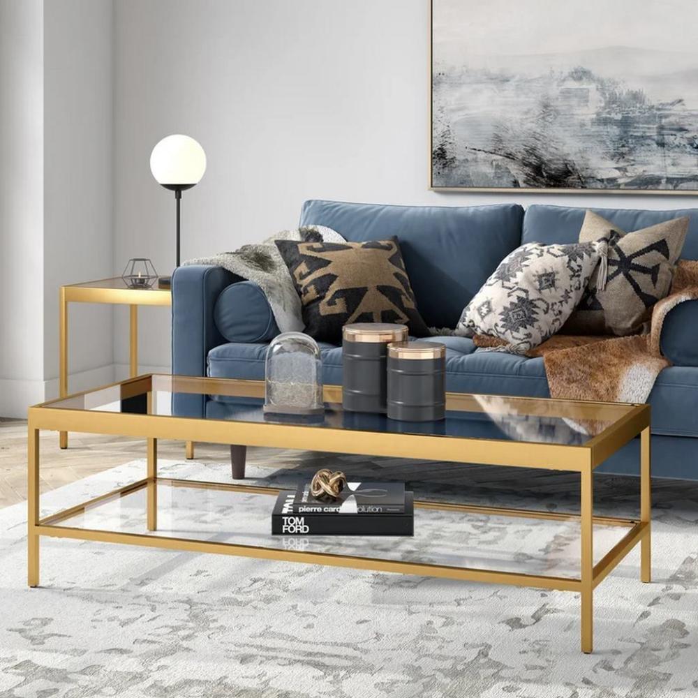طاولة قهوة معدن وزجاج ذهبي - 120×55×40 سم