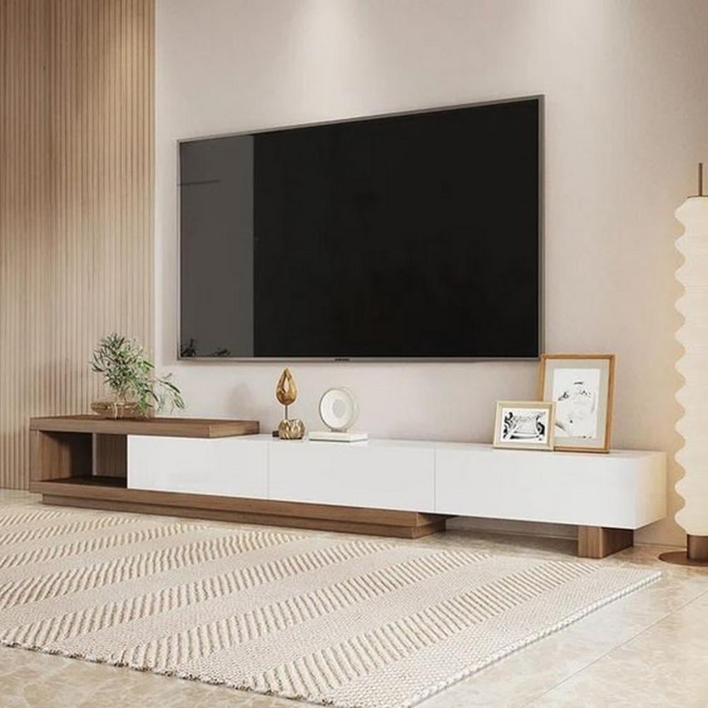 طاولة تلفاز ام دي اف و خشب سويدي ابيض و بني - 280×40×45 سم