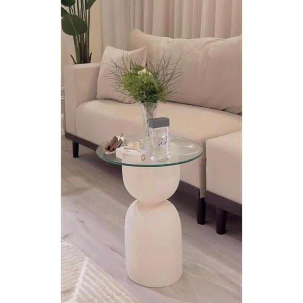 طاولة جانبية زجاج و خشب طبيعي أبيض - 35×55 سم