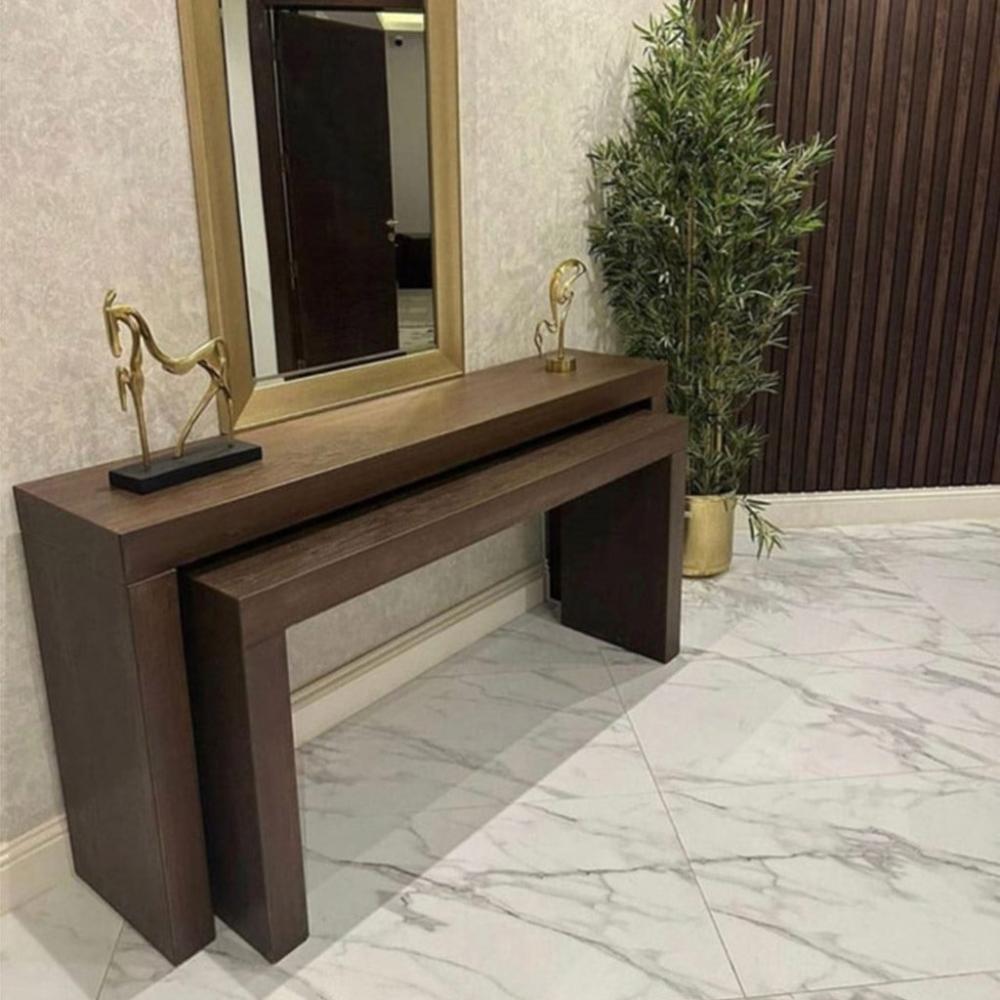 طقم طاولات مدخل خشب طبيعي وقشره سنديان قطعتين - بني