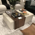 طاولة قهوة خشب سويدي وقماش مخملي بني و بيج - 140×80×50 سم